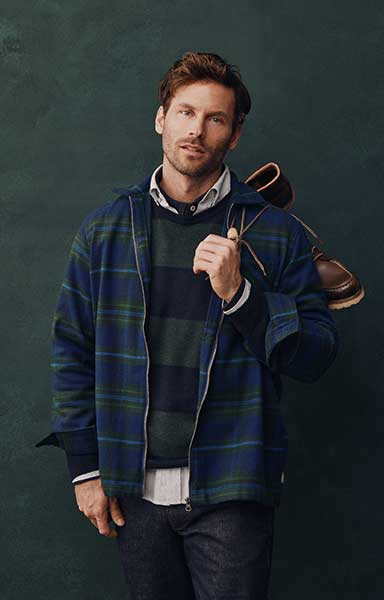 Fynch Hatton casual look – sportieve lagen in groen en blauw Fynch Hatton heren overshirt in denimlook met donkergrijze broek en sneakers – casual streetstyle