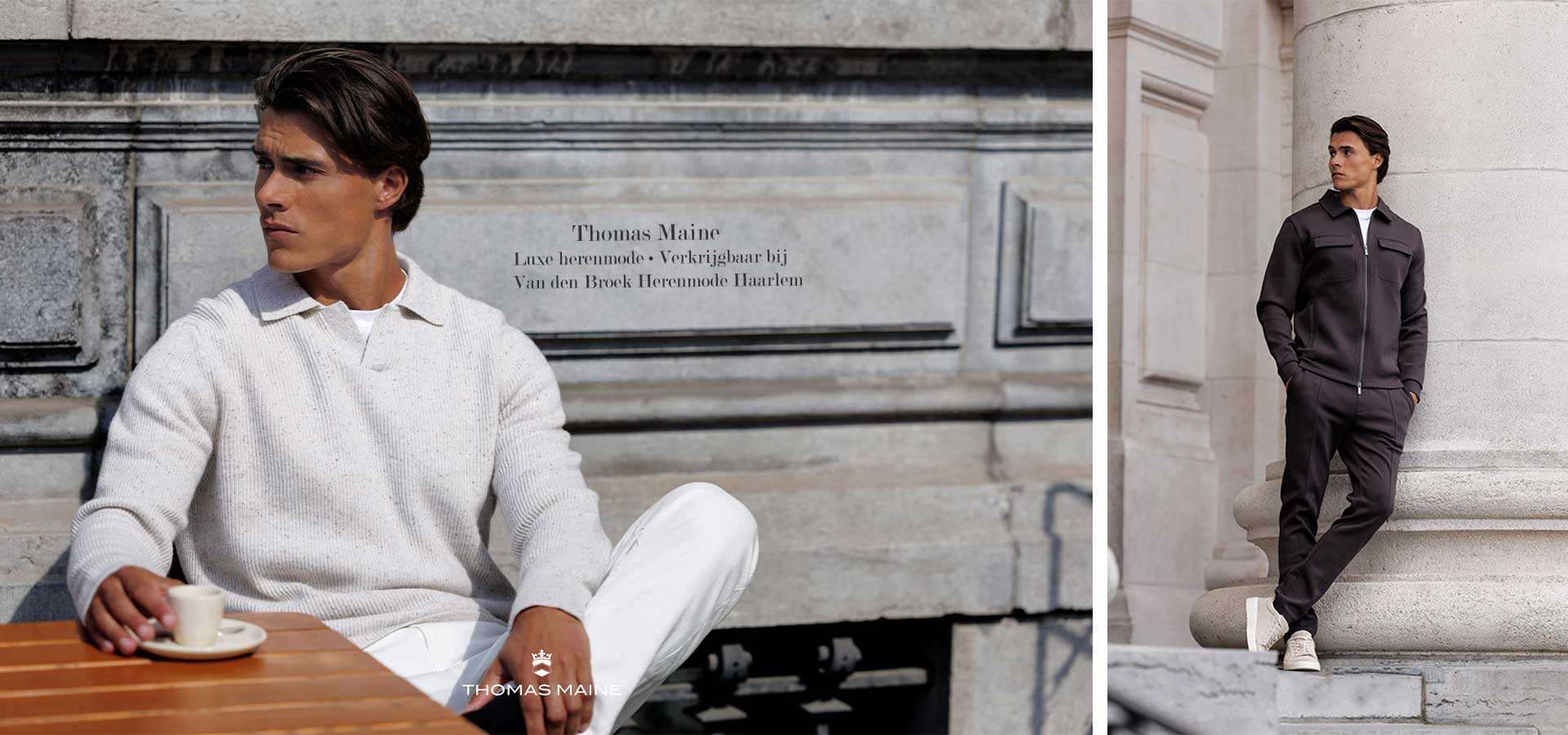 Thomas Maine Herenmode – Van den Broek Herenmode Haarlem Man draagt Thomas Maine knitwear in lichte tinten, hero-beeld voor Van den Broek Herenmode in Haarlem.